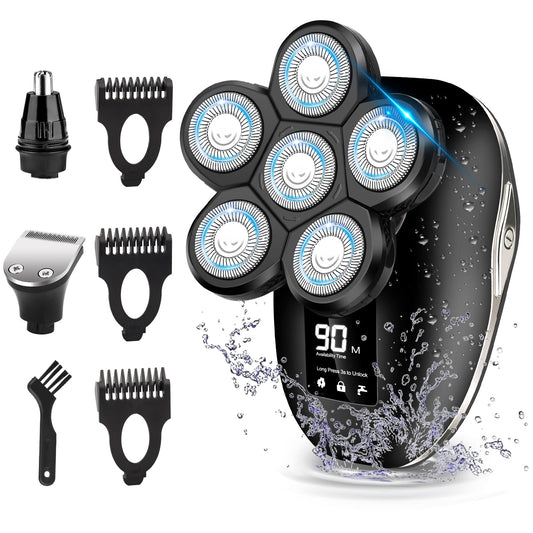 Electric Head Shaver for Bald Men, 6 in 1 Mens Electric Head Razor Bald Head Shaver Cordless Electric Razor Men, IPX7 Wet/Dry Waterproof Rotary Shaver with Head Shaver Kit LED Display