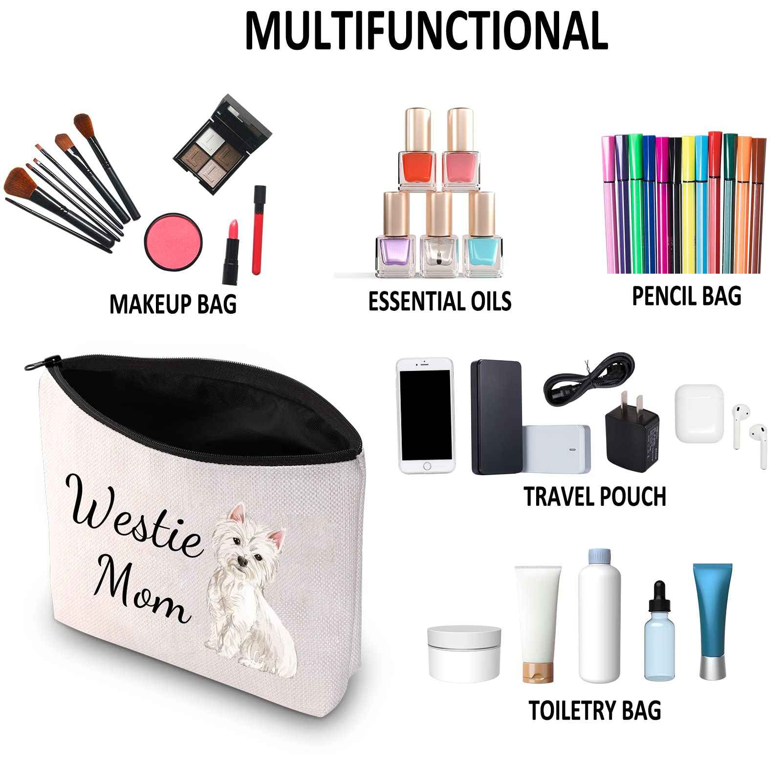 G2TUP Westie Lover Gift Westie Mom Makeup Bag West Highland Terrier Dog Owner Cosmetic Bag Dog Mom Pet Lover Gift Zipper Travel Bag (Westie Mom White Bag)