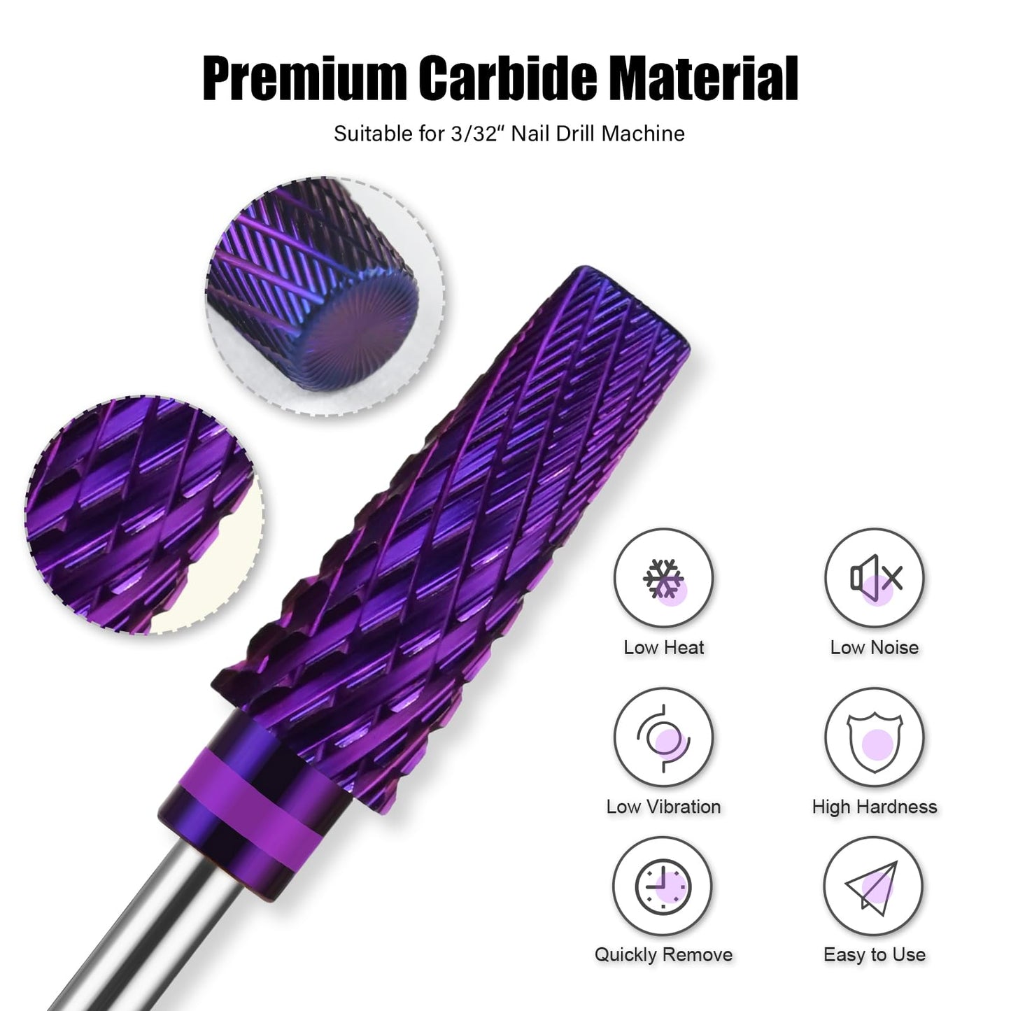 Depvko 5 in 1 Pro Nail Drill Bits, 3/32'' Carbide Tungsten Bits, Two Way Rotate Professional Advanced Safety Bits for Nail, Fast Remove for Manicure Pedicure Cuticle Gel Polishing, Salon Home (Purple)