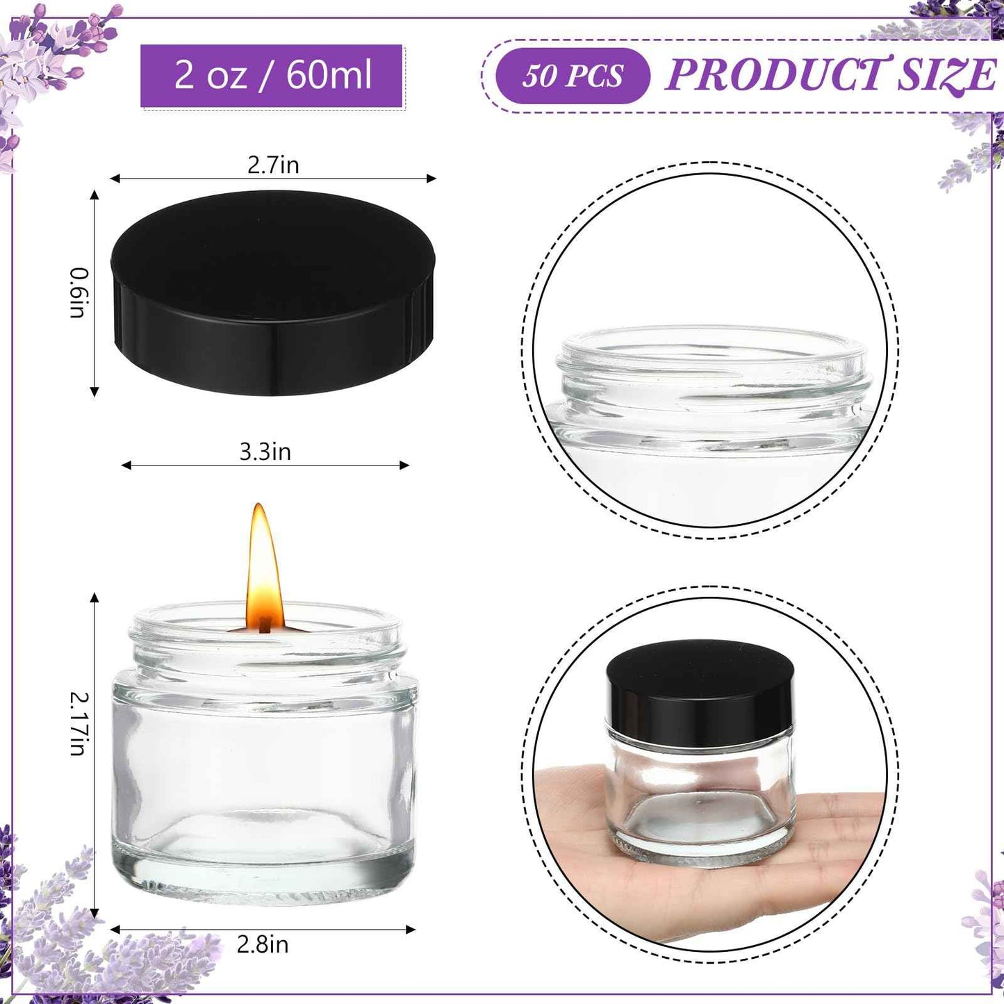 50 Pcs 2 oz Clear Glass Jars with Black Lids Leakproof Round Airtight Jars Empty Cosmetic Jars with Inner Liners Lid for Candle Making Storing Lotions Spice Powder Liquid Sample Makeup (Black,clear)