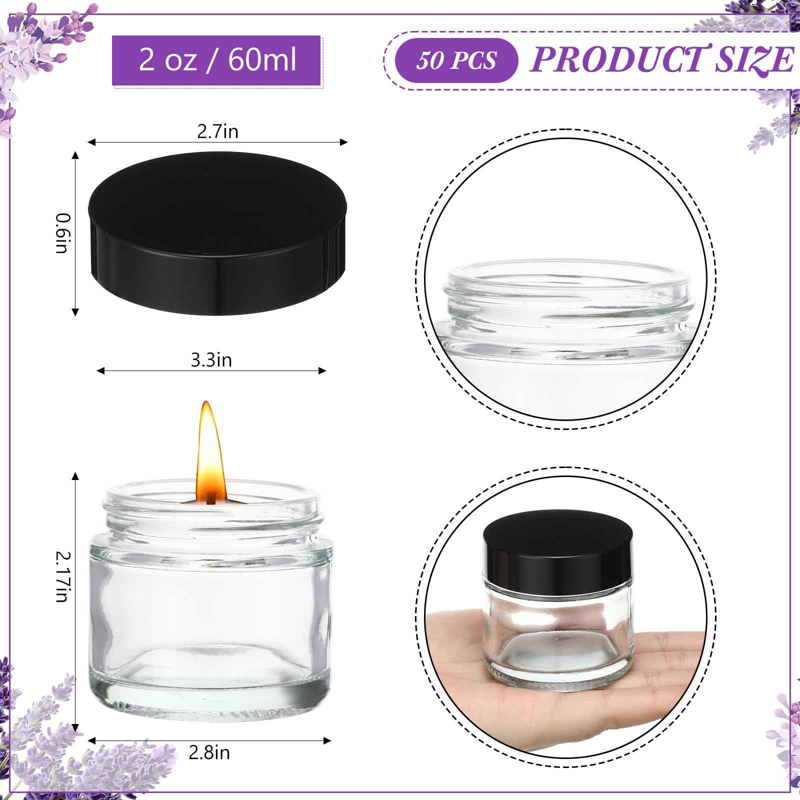50 Pcs 2 oz Clear Glass Jars with Black Lids Leakproof Round Airtight Jars Empty Cosmetic Jars with Inner Liners Lid for Candle Making Storing Lotions Spice Powder Liquid Sample Makeup (Black,clear)