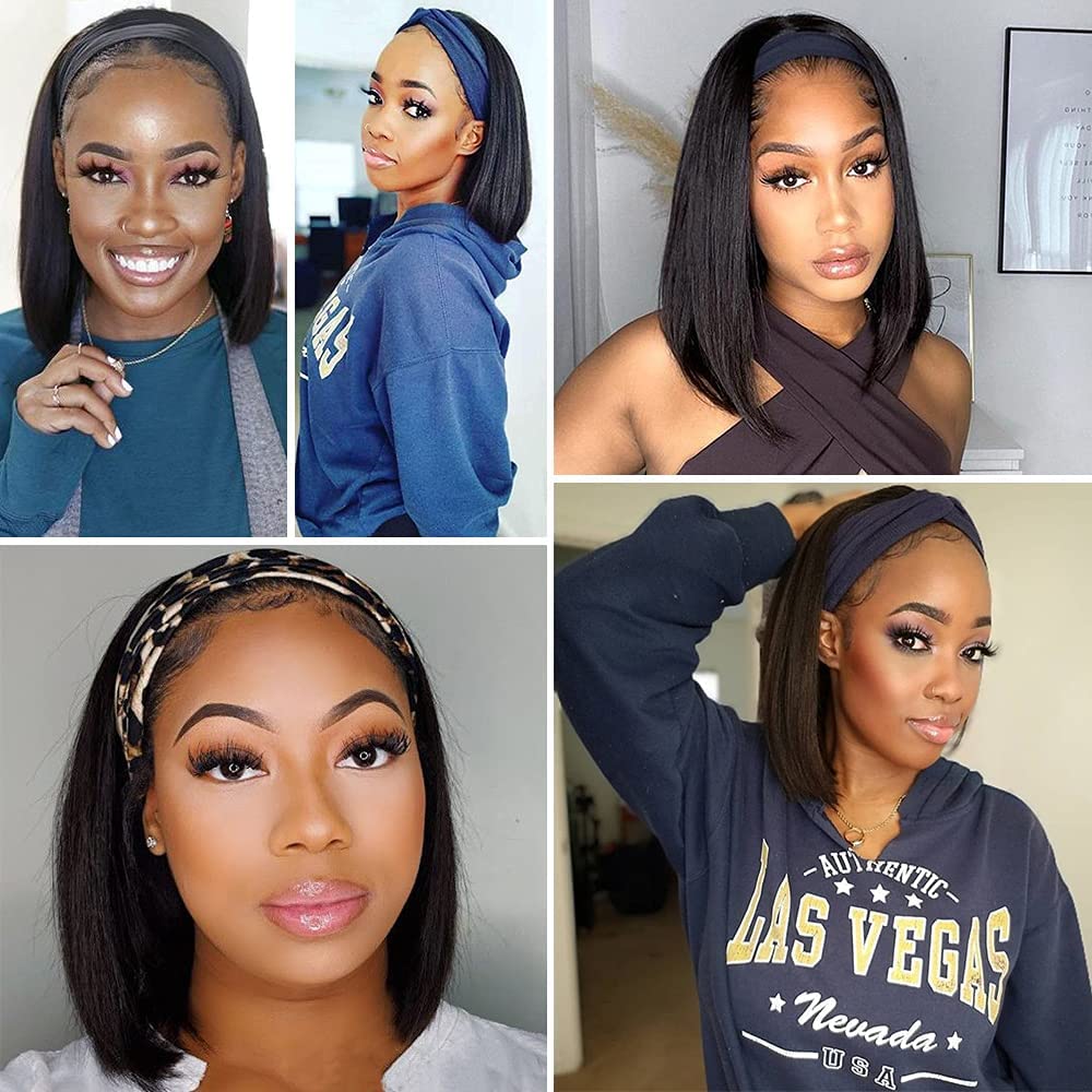 AISI Headband Wigs Human Hair Bob Headband Wigs for Black Women Easy Wear and Go Glueless Wigs Short Straight Wigs Machine Made 150% Density No Lace Headband Wig Natural Color(10 Inch)