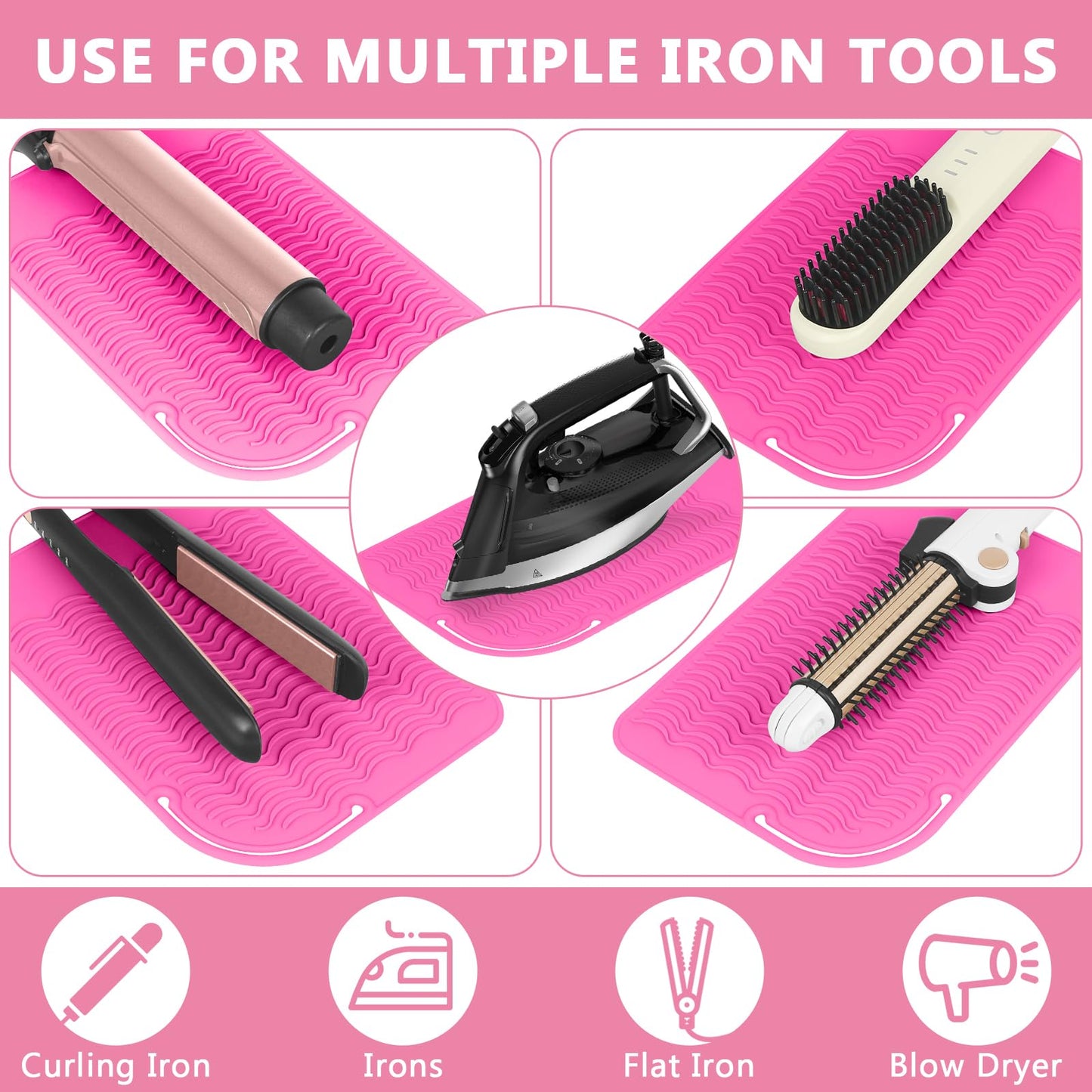 WRORUNER 2 Pcs Hair Iron Heat Resistant Silicone Mat, Portable Hot Tools Station Pad Cover for Curling Iron, Flat Iron, Hair Straightener and Hair Styling Tools(9"" x 6.5""), HotPink