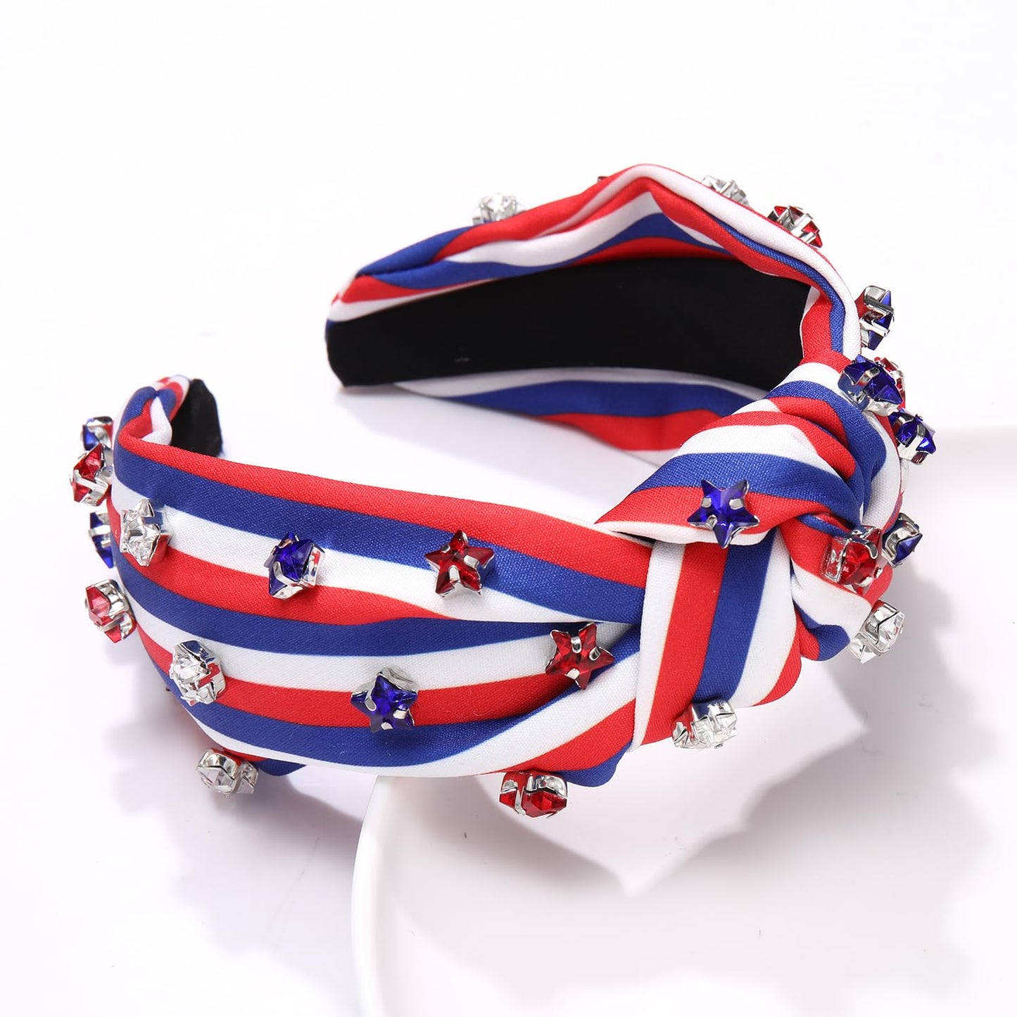 GLBCC 4th of July Headband American Flag Crystal Star Knottted Headband for Women Fourth of July Patriotic Headband Headpiece Red White and Blue Stripe Top Knot Wide Hairband