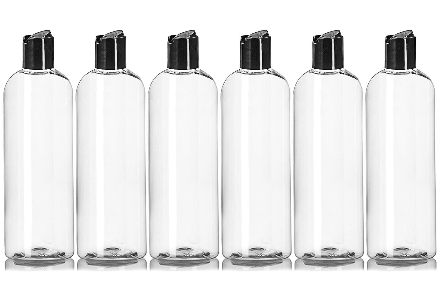 ljdeals 16 oz Clear Plastic Empty Bottles with Black Disc Top Caps, Squeezable Refillable Containers for Shampoo, Lotions, Cream and more Pack of 6, BPA Free, Made in USA