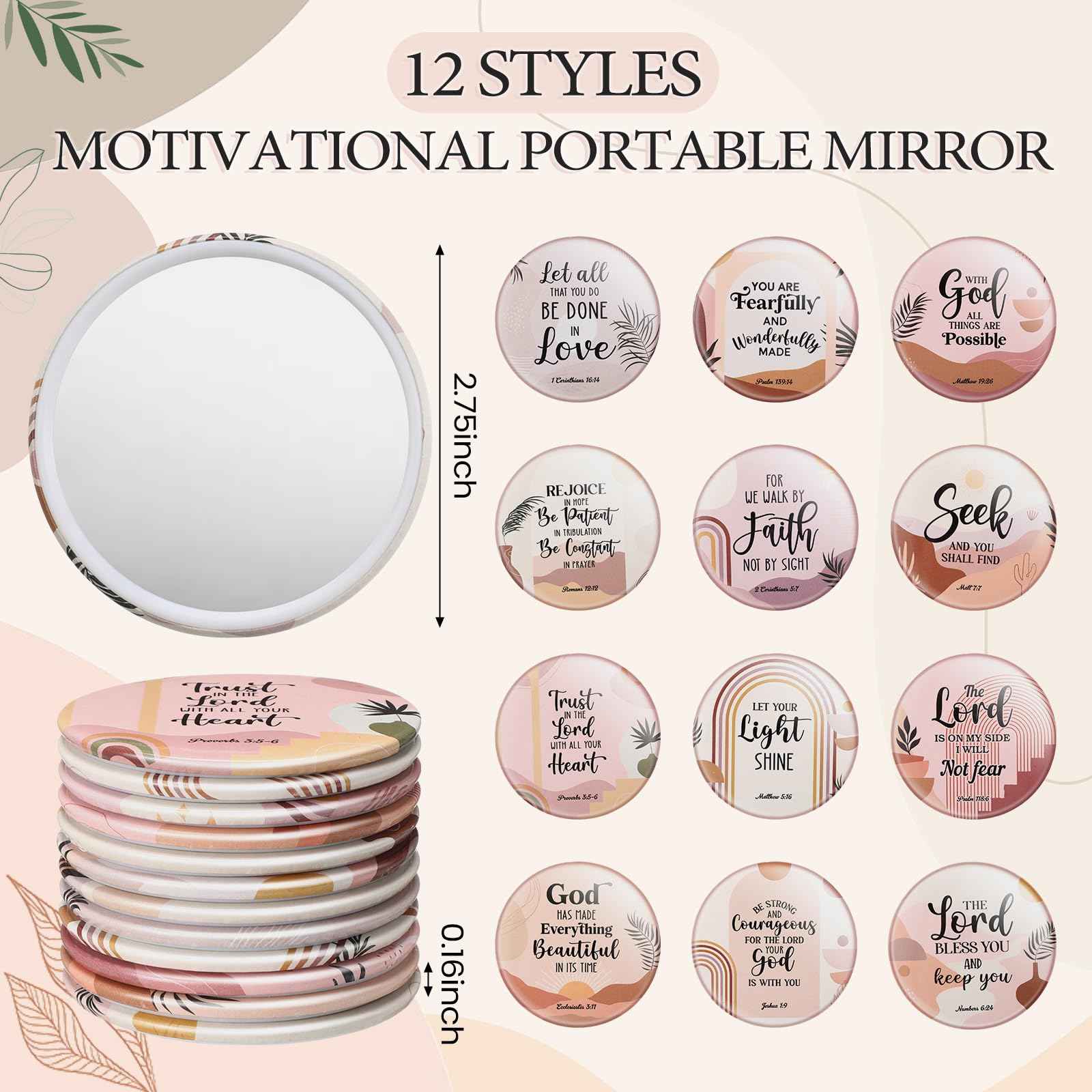 Geelin 24 Pcs Christian Gifts Bulk for Women 12 Religious Canvas Makeup Bags 12 Boho Bible Verse Compact Mirrors Inspirational Church Party Gifts for Women Mother Sister