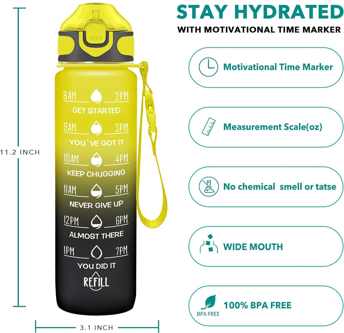 Enerbone 32 oz Drinking Water Bottle with Times to Drink and Straw, Motivational with Carrying Strap, Leakproof BPA & Toxic Free, Ensure You Drink Enough Water for Fitness Gym Outdoor