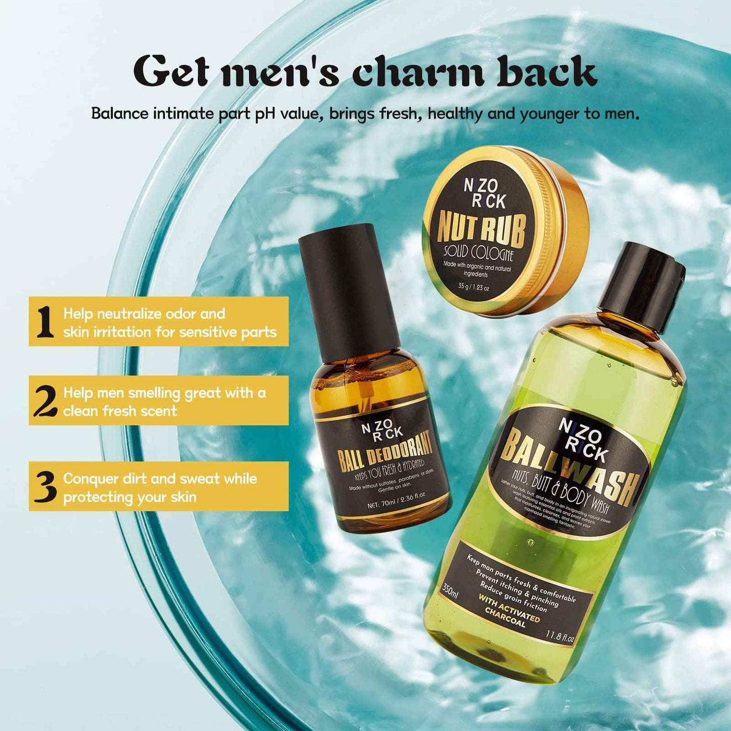 Ball Deodorant for Men, Mens Ball Wash Kit, Natural & Organic Ball Wash Lotion+Ball Deodorant Spray+Anti-Chafing Nut Balm Cream to Stay Fresh, Dry & Moisturized All Day