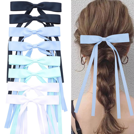 WORTL Hair Bows with Long Tails, Clips, and Barrettes for Women's Accessories (White, Blue, Navy Blue, Light Green)