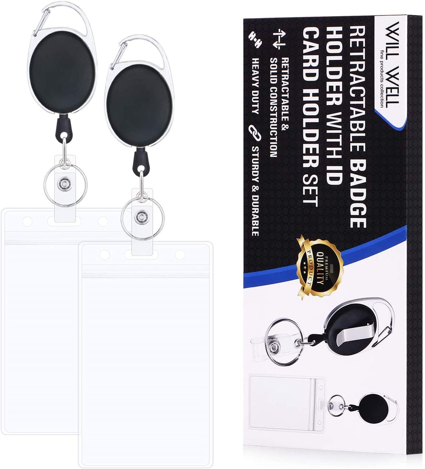 5 Pack ID Badge Holder With Clip – Badge Reels Retractable Heavy Duty – Clear Id Card Holder Retractable – Vertical Lanyard Id Holder with Carabiner Badge Reel – Badge Holders with 24 inches Pull Cord