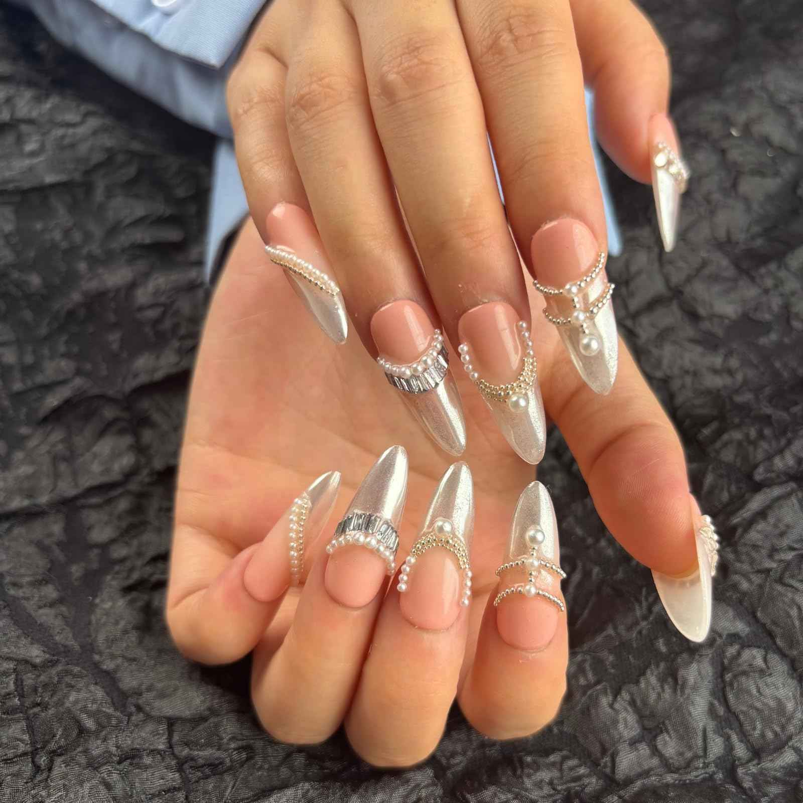 AKA Unicorn Trendy Handmade Press On French Nails Medium Almond Shape,10Pcs Thick Acrylic Fake Nails with 3D Pearl Cute Design Clip On Nail for Woman Gift (Design concept:French Tenderness)