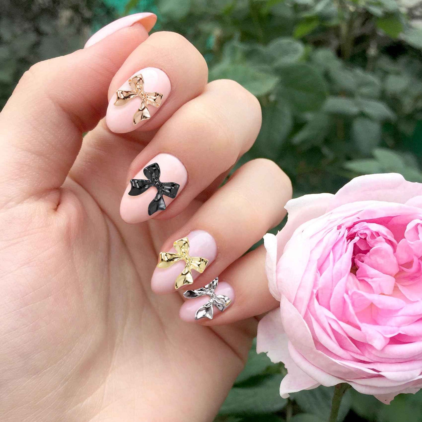 HINZIC 70Pcs 3D Bow Nail Charm Gold Silver Black Cute Bowknot Nail Art Bows Alloy Glitter Acrylic Rhinestones Gems Valentine Wedding Prom Jewelry Decoration for Women Manicure Cards Making