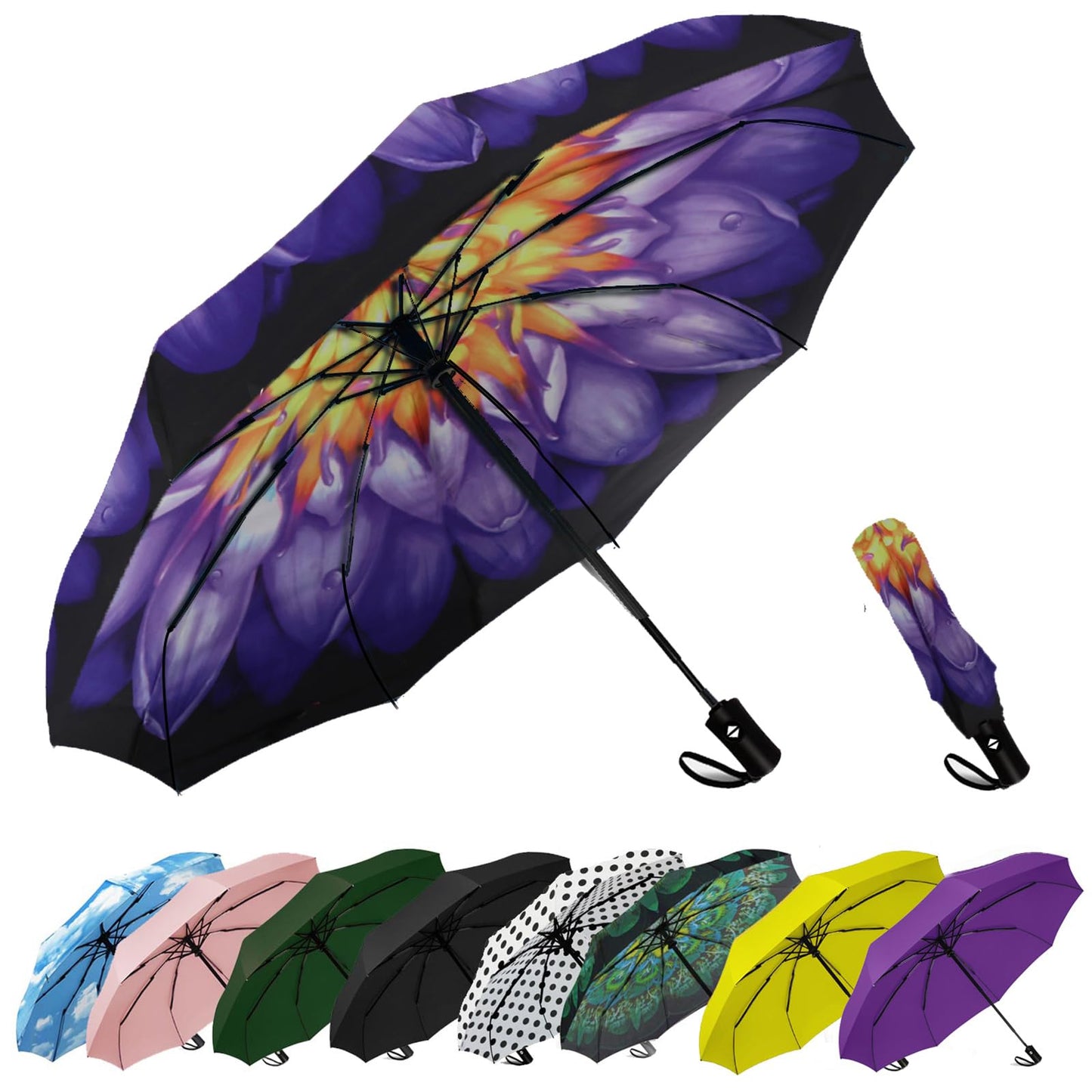 SIEPASA Windproof Travel Compact Umbrella-Automatic Umbrellas for Rain-Compact Folding Umbrella, Travel Umbrella Compact, Small Portable Windproof Umbrellas for Men Women Teenage. (Water Lily)