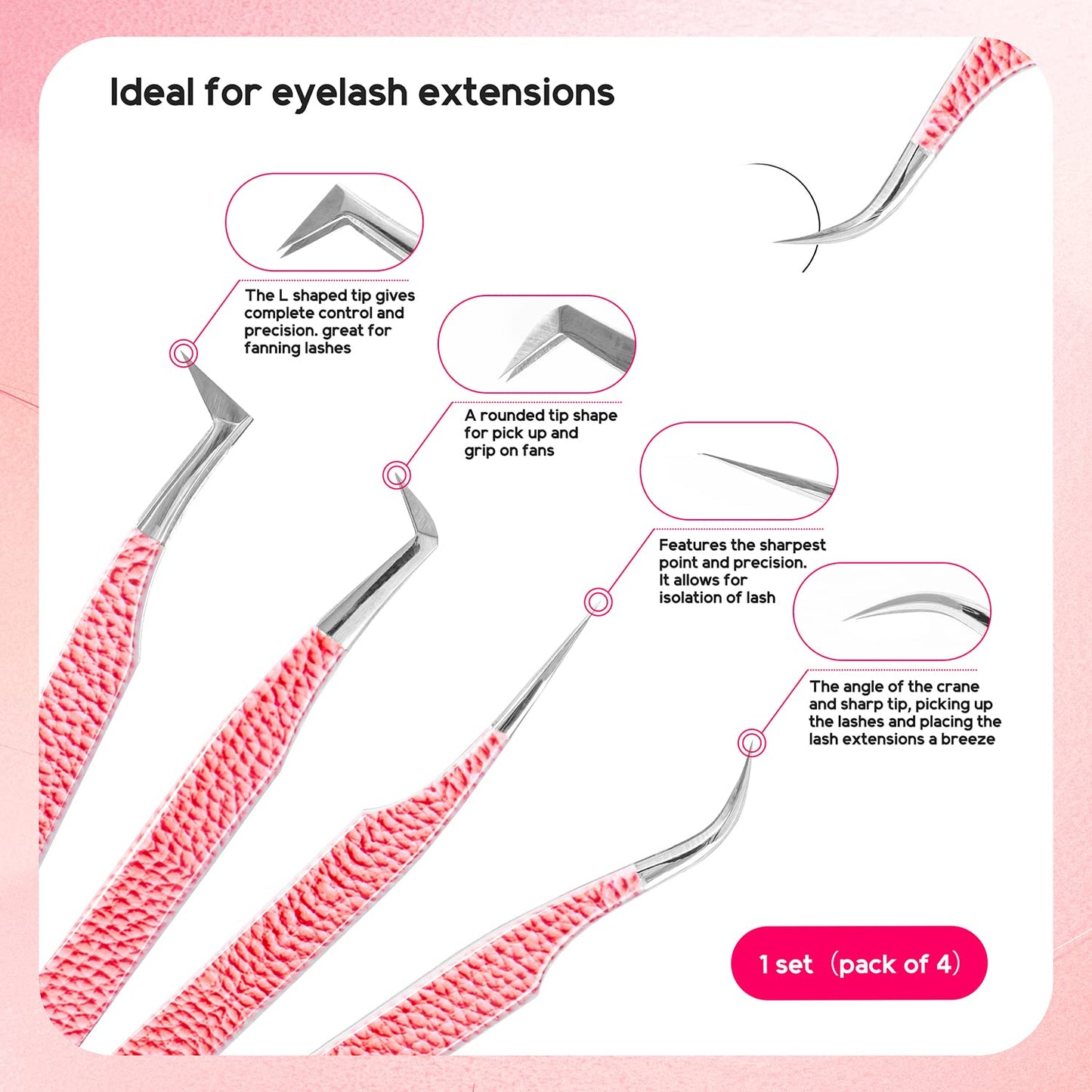 VAVALASH Eyelash Extensions Tweezers Set Of 4 Stainless Steel Professional Lash Tweezers for Volume Classic Lash Extensions Precision Isolation Volume Boot Curved Volume Lash Tweezers(SV05,1 Set 4Pcs)