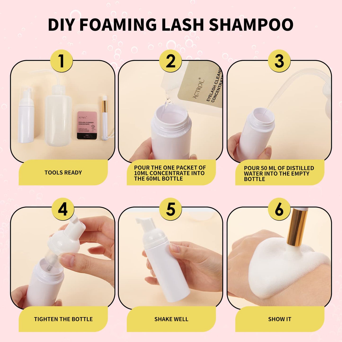 Lash Shampoo Concentrate 100ml Unscented Eyelash Extension Shampoo 10 Bags 10ml Pack Natural Foaming Cleanser 60ml Bottled Cleansing Brush DIY Lashes & Salon Home Care