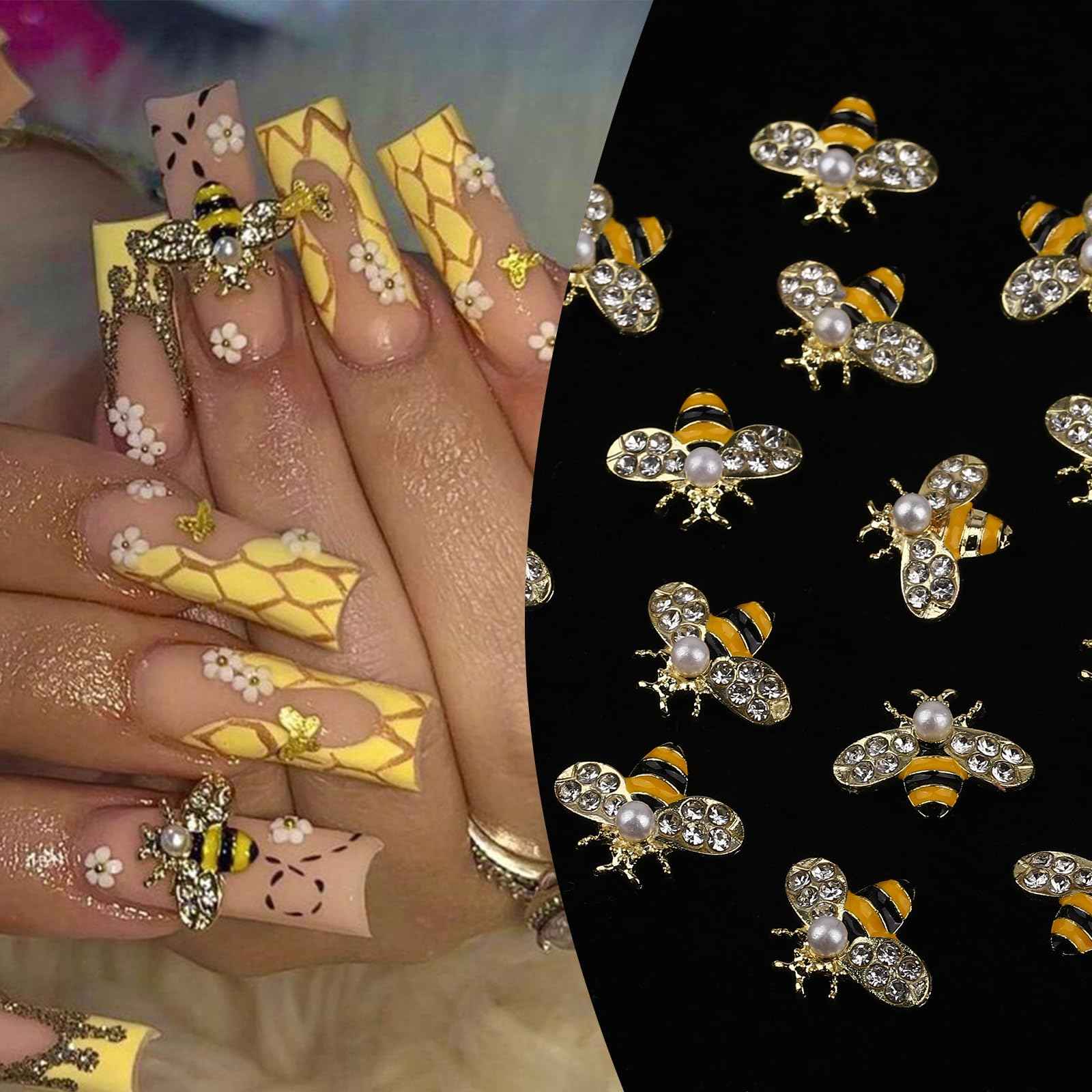 ROFIBUT Tiny Bee Nail Art Charms Resin Cartoon Daisy Flower Nail Gems 3D Gold Alloy Bees Jewelry Charms for Nails, Spring Summer Daisy Sunflower Nail Rhinestones for Women DIY Nail Decoration 60Pcs