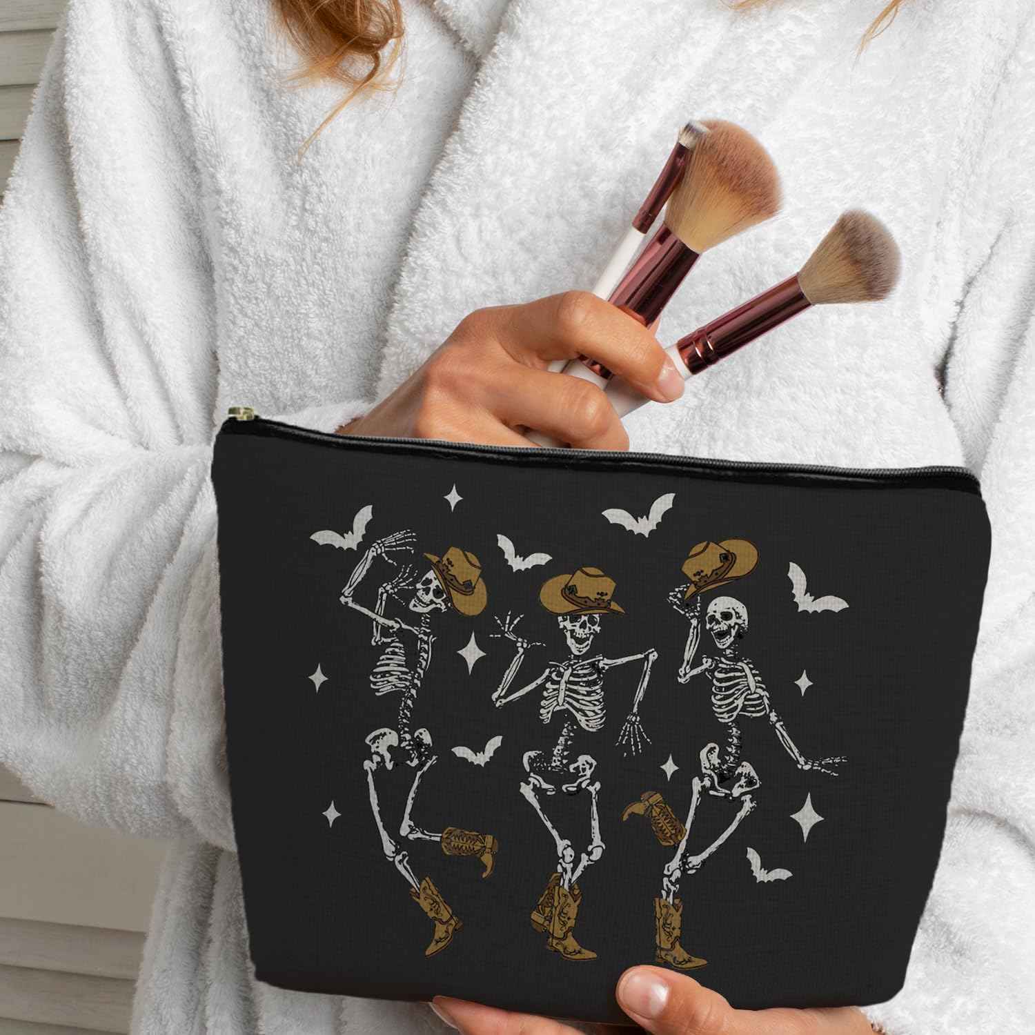 ignytiger Goth Skull Halloween Makeup Bag, Funny Dancing Skeleton Cosmetic Bag for Women, Halloween Gifts for Women, Dark Academia Makeup Pouch, Cool Horror Makeup Bag