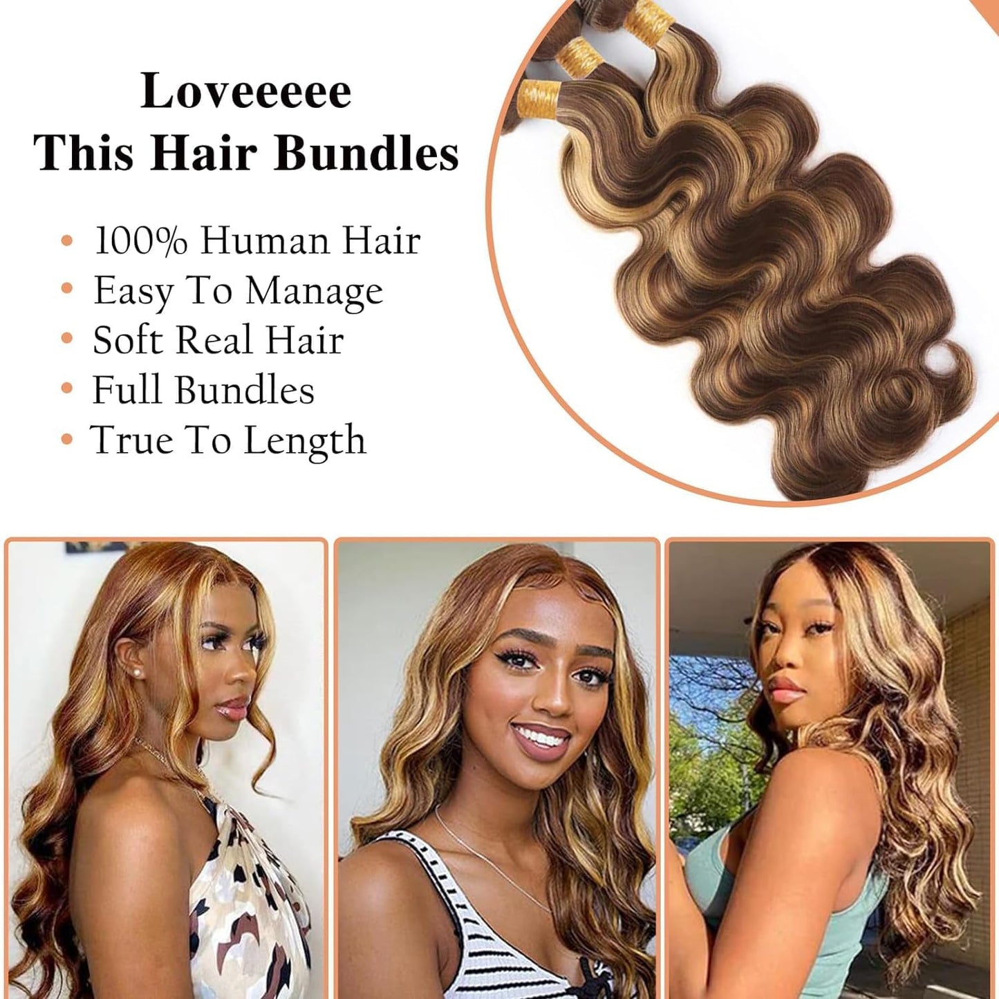 P4/27 Highlight Body Wave Human Hair Bundles Highlight Bundles Human Hair Body Wave Bundles Human Hair 8 10 12Inch 3 Bundles Brazilian Virgin Hair Bundles (P4/27-BD-8 10 12)