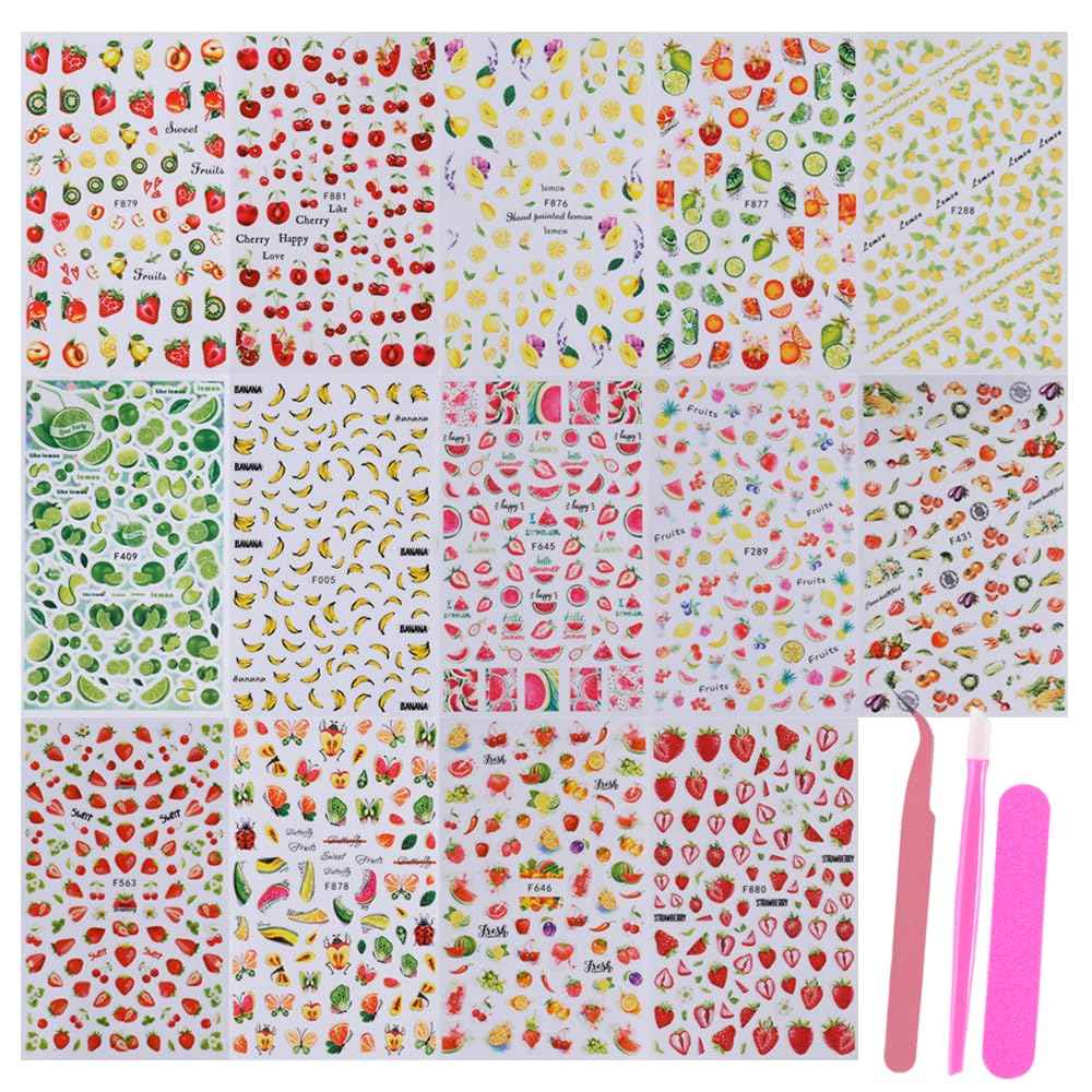 Fruits Nail Stickers Decals Kit - 14 pcs Summer Nail Art with Tweezers Decals Strawberry Lemon Designs Nail Supplies Cute Fun Self-Adhesive Sliders for Women Girls 3D Manicure Decoration