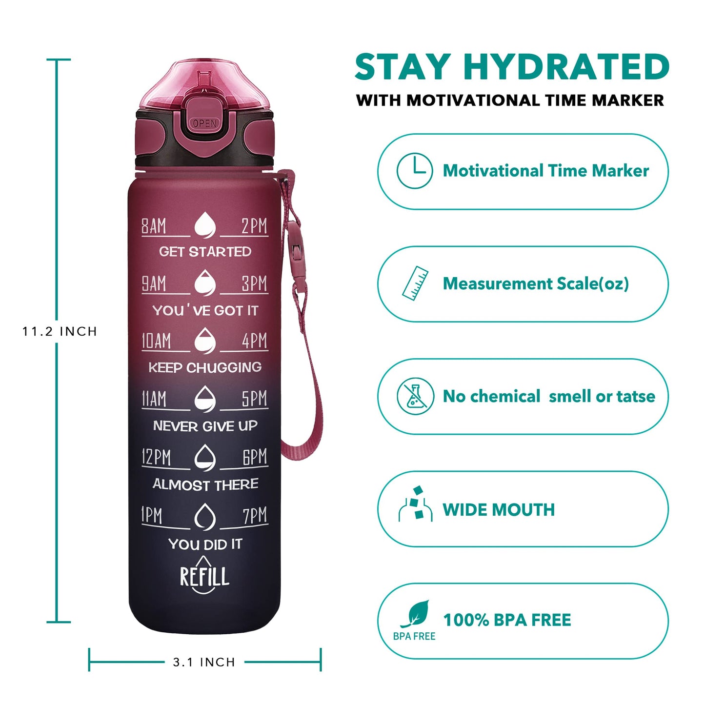 Enerbone 32 oz Drinking Water Bottle with Times to Drink and Straw, Motivational with Carrying Strap, Leakproof BPA & Toxic Free, Ensure You Drink Enough Water for Fitness Gym Outdoor