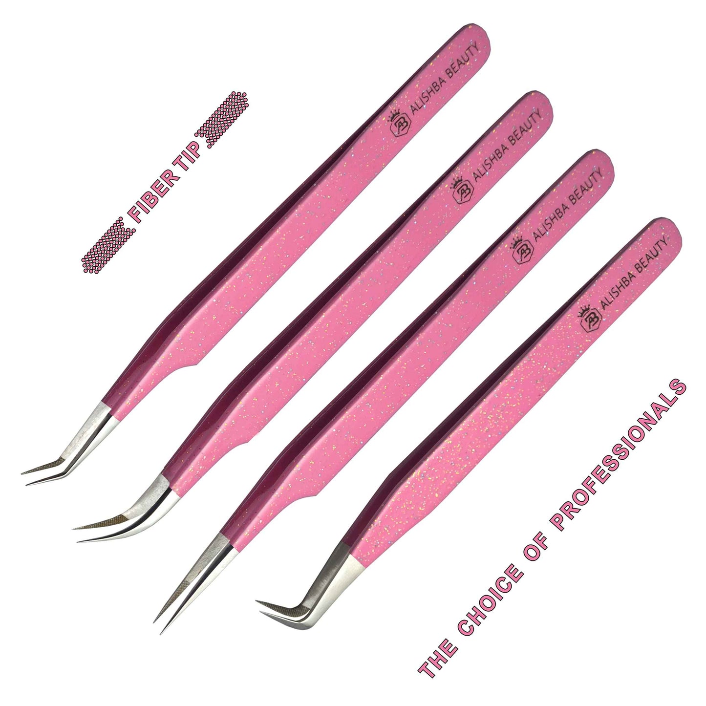 LUMESS Alishba Beauty Eyelash Extension Tweezers, Precision Fiber Tip Grip Japanese Stainless Steel (Set of 4 Eyelash Tweezer) (GLITTER PINK)