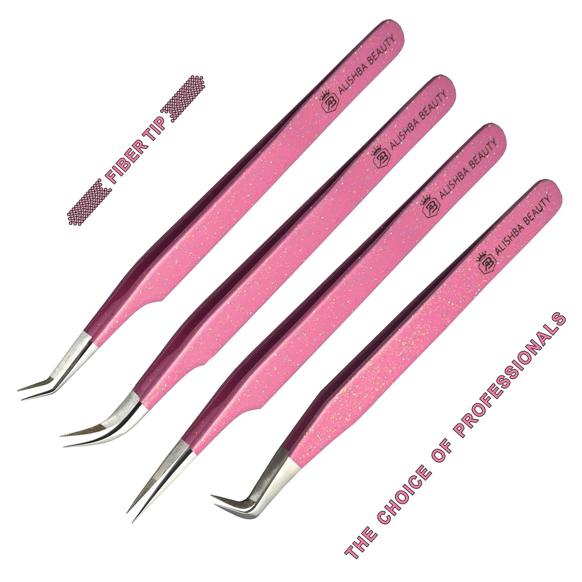 LUMESS Alishba Beauty Eyelash Extension Tweezers, Precision Fiber Tip Grip Japanese Stainless Steel (Set of 4 Eyelash Tweezer) (GLITTER PINK)