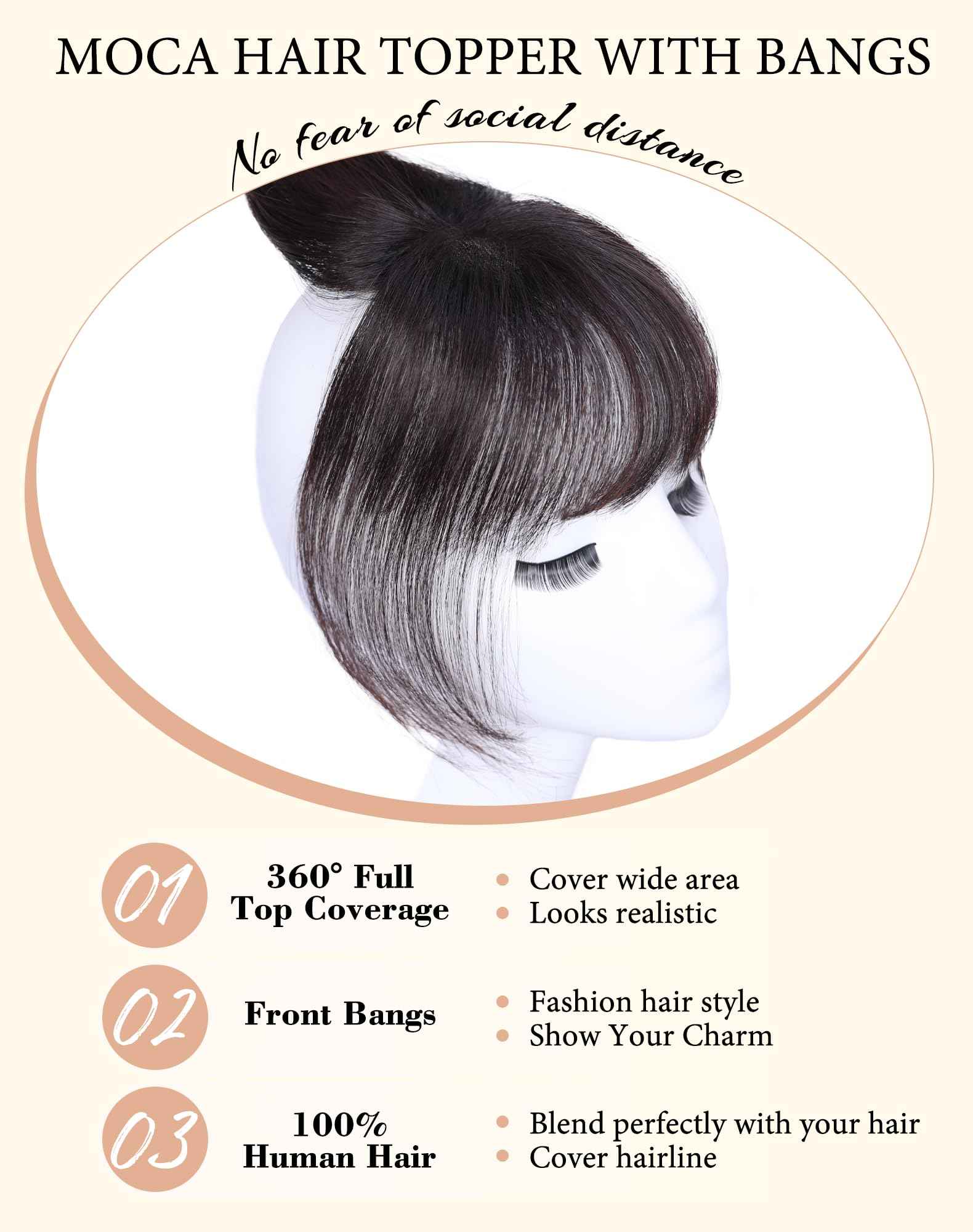 Hair Toppers for Women Real Human Hair, Bangs Hair Clip 360°3D Cover Clip on Bangs for Women Fake Bangs for Daily Wear (10 Inch Brown)