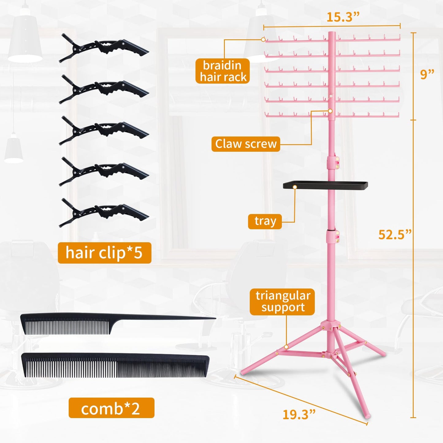 [Metal] 120-Peg Braiding Hair Rack Standing, with Tray Hair Extension Holder Hanger, Hair Divider Rack for Braiding Hair Separator Stand, Hair Braiding Rack Display Stand Hairstylist Braiders, Pink