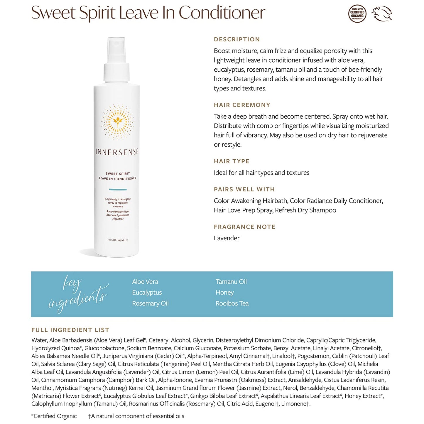 INNERSENSE Organic Beauty - Natural Sweet Spirit Leave-In Conditioner | Non-Toxic, Cruelty-Free, Clean Haircare (10oz)