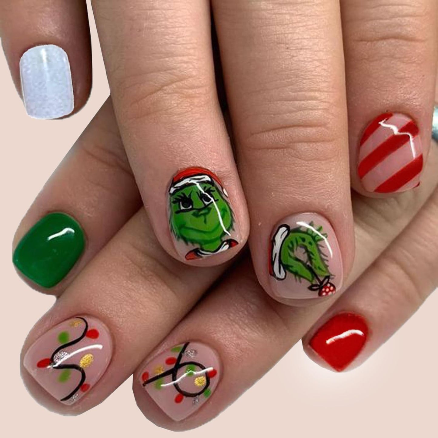 Christmas Press on Nails Short Fake Nails Cute Cartoon Grinchs Stick on Nails False Nails with Designs Acrylic Nails Winter Xmas Glue on Nails Full Cover Holiday Artificial Nails for Women