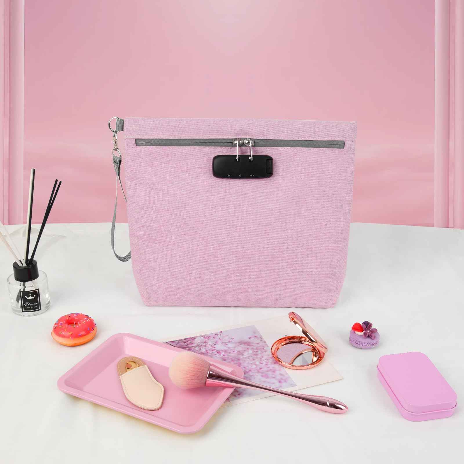 Pink Smell Proof Cosmetic Bag with 10 PCS Small Accessories, Water-Resistant Makeup Pouch with Combination Lock, Premium Organizers Storage Case, Great Gift for Women, Pink Set