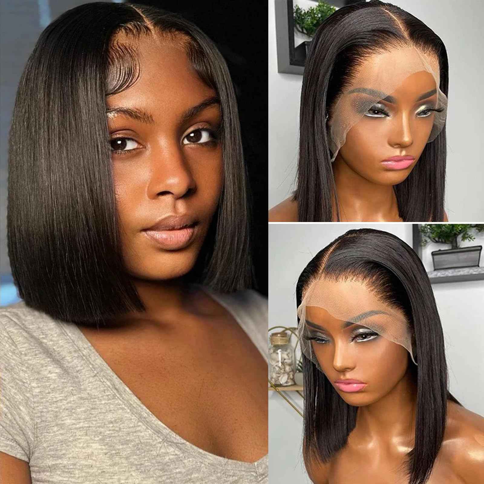 10 Inch Short Bob Wigs Natural Color Pre Plucked 180% Density Black Bob Glueless Wig Human Hair Free Part Natural Black Lace Front Wig