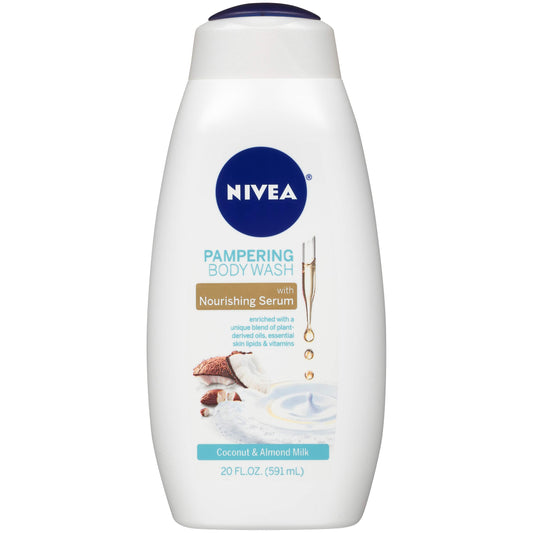 NIVEA Coconut and Almond Milk Pampering Body Wash, Moisturizing Body Wash with Nourishing Serum, Plant-Derived Oils, Essential Skin Lipids and Vitamins, 20 Fl Oz Bottle