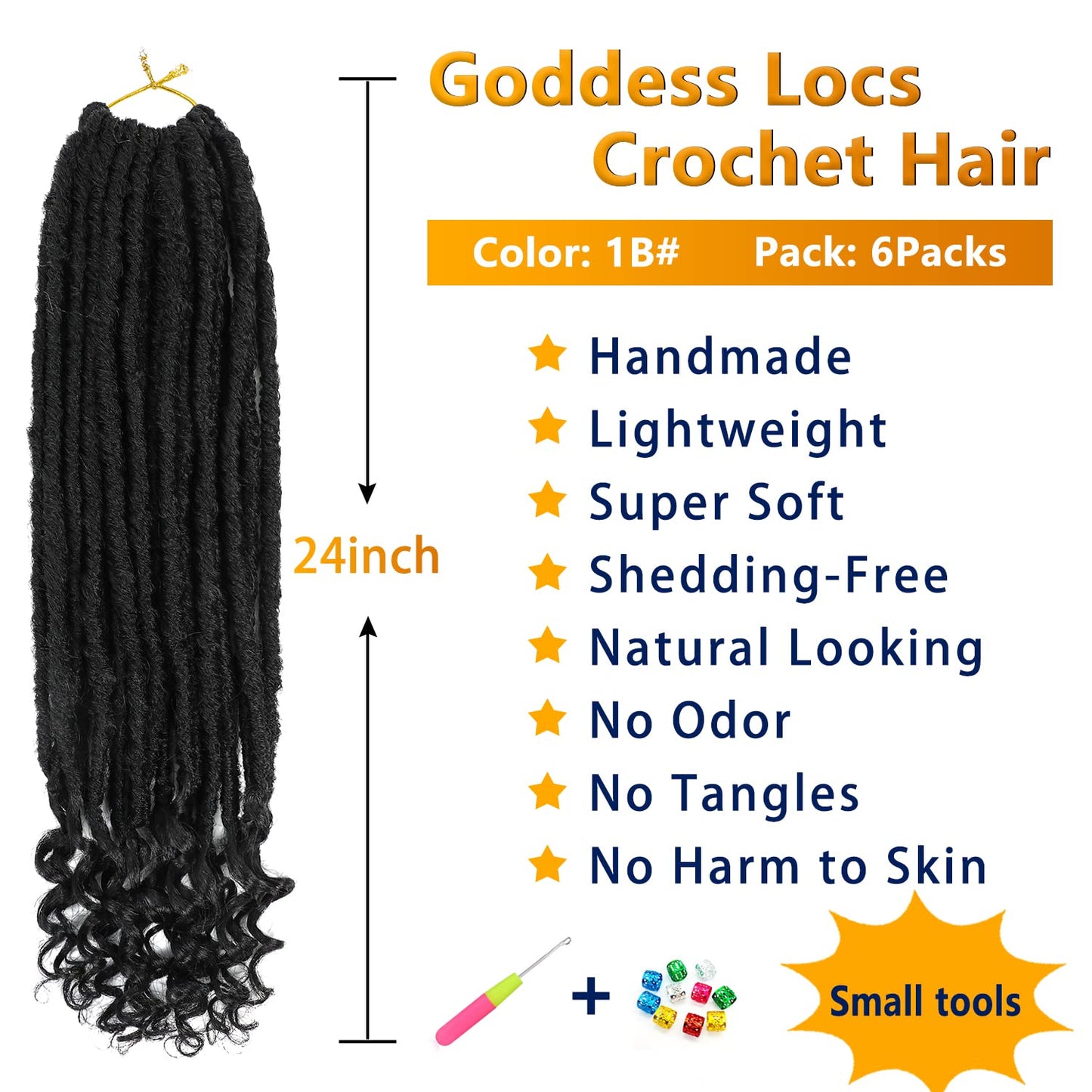 Goddess Locs Crochet Hair 6 Packs 24 Inch Straight Faux Locs Crochet Hair for Black Women, Crochet Pre-Looped Curly Hair Soft Faux Locs Synthetic Braiding Hair Extensions (24 Inch, 6 Packs, 1B#)