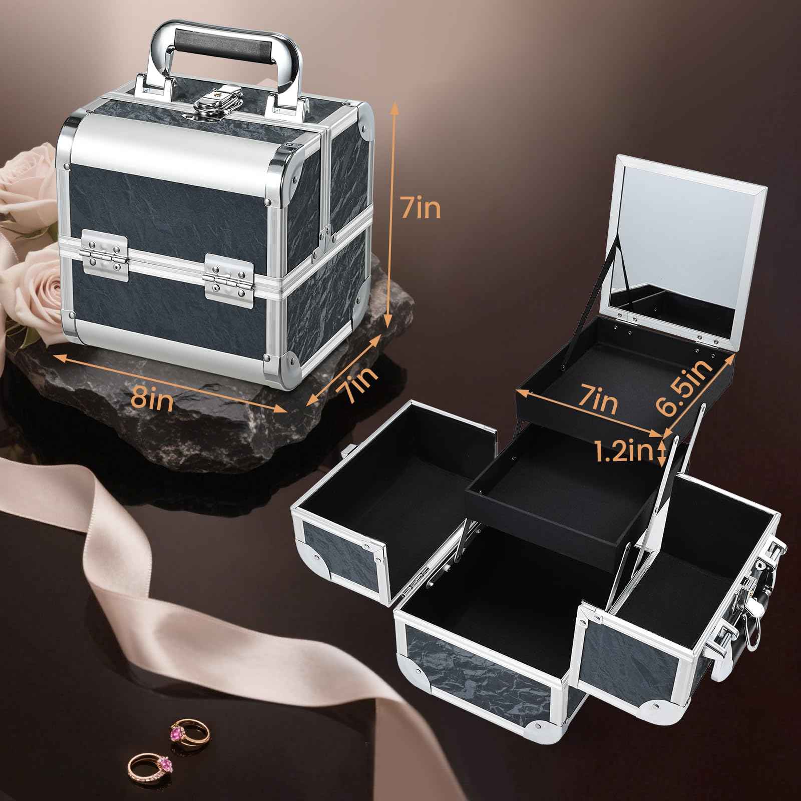 Costravio Makeup Case Train Case Portable Makeup Box with Mirror Lock Box Travel Cosmetic Train Cases Hard Make Up Organizer for Girls Nail Craft Storage Vanity Misty Hills Black