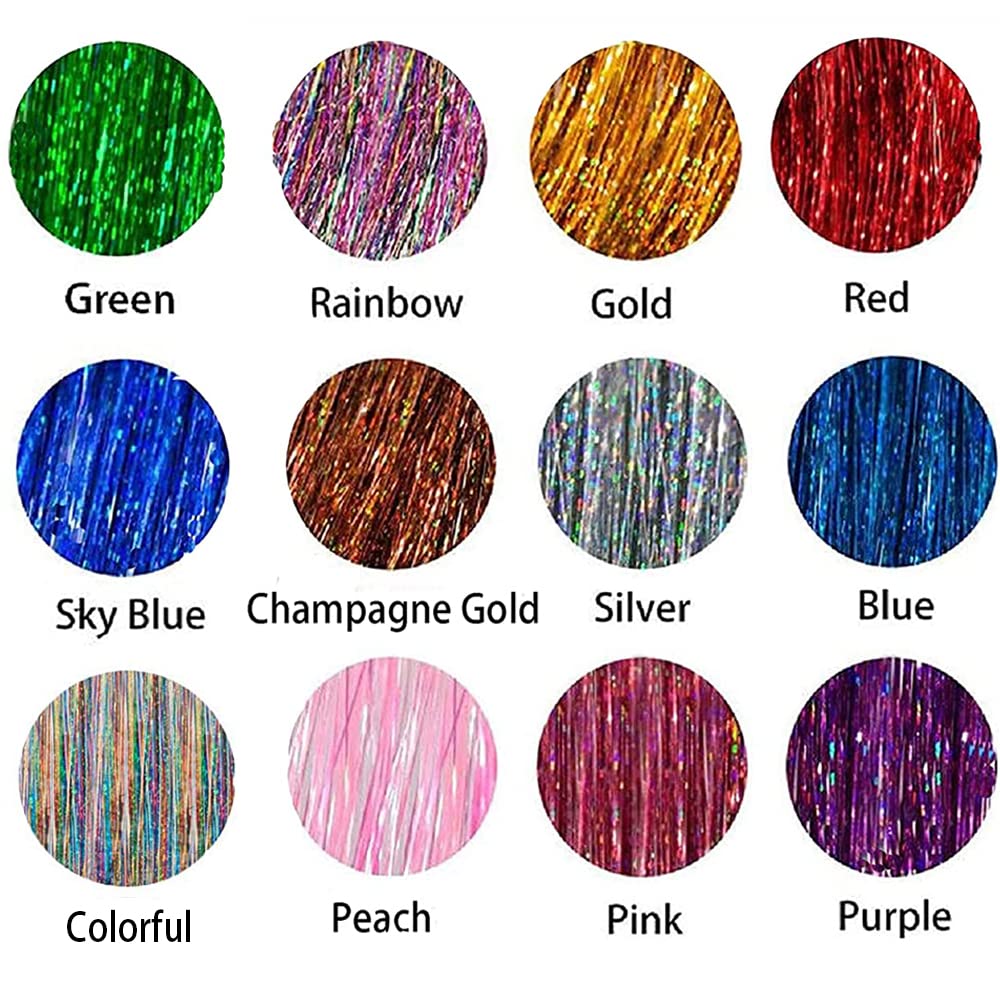 Hair Tinsel Kit, Fairy Tinsel Hair Extensions With Tool 2760 Strands 12 Colors Holographic Hair Tinsel Heat Resistant Sparkling Hair Glitter for Christmas New Year Party (48 Inch)