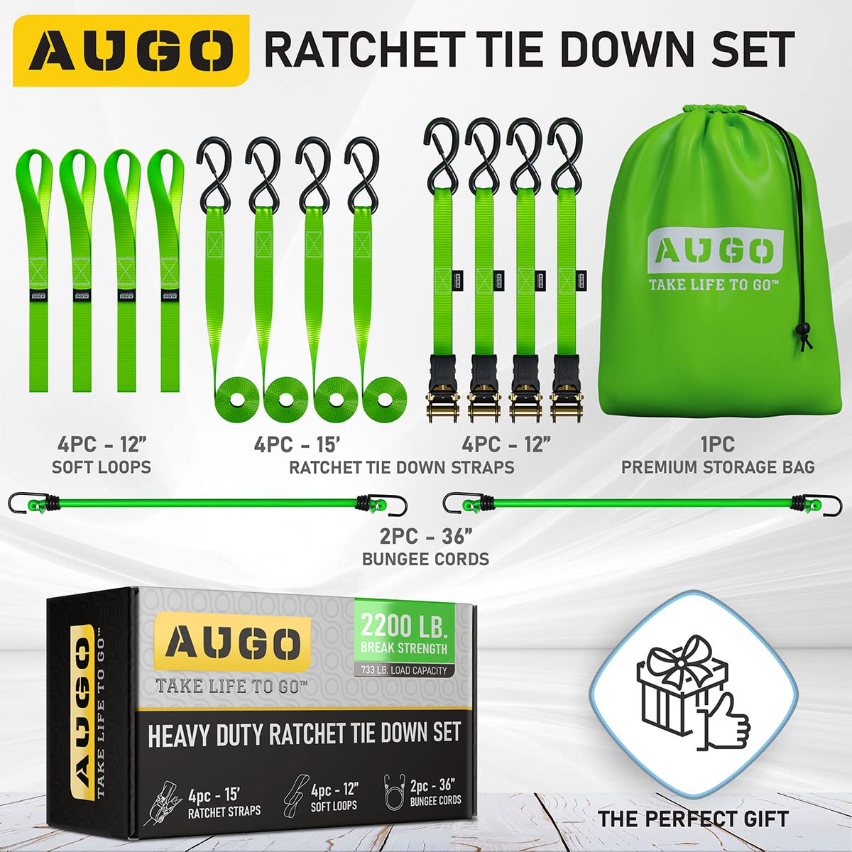 AUGO Ratchet Straps Heavy Duty 4 Pack -15 FT - 2200 LB Break Strength – Ratchet Tie Down Straps with Safety Lock S Hooks - Cargo Straps for Moving, Appliances, Motorcycle – Soft Loop Tie Down Straps