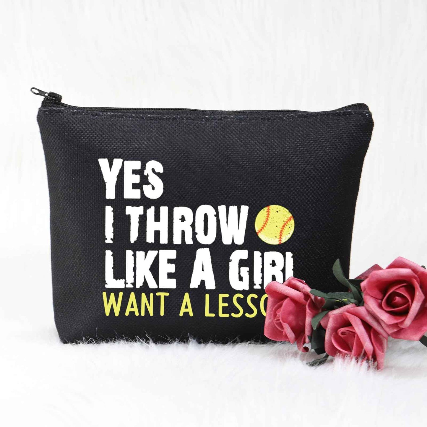 POFULL Softball Player Gift Softball Team Gift Yes I Throw Like A Want A Lesson Softball Cosmetic Bag (Black I Thow like Bag)