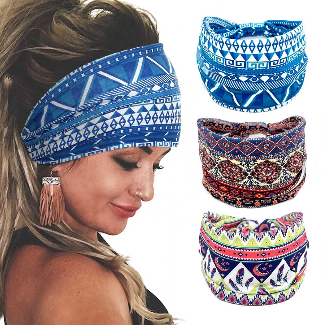 Bohend Boho Headband Wide Stretchy Hairband 3Pcs Daily Use Knotted Headwear Sport Athletic Yoga Gym Hair Accessories for Women and Girls (B)