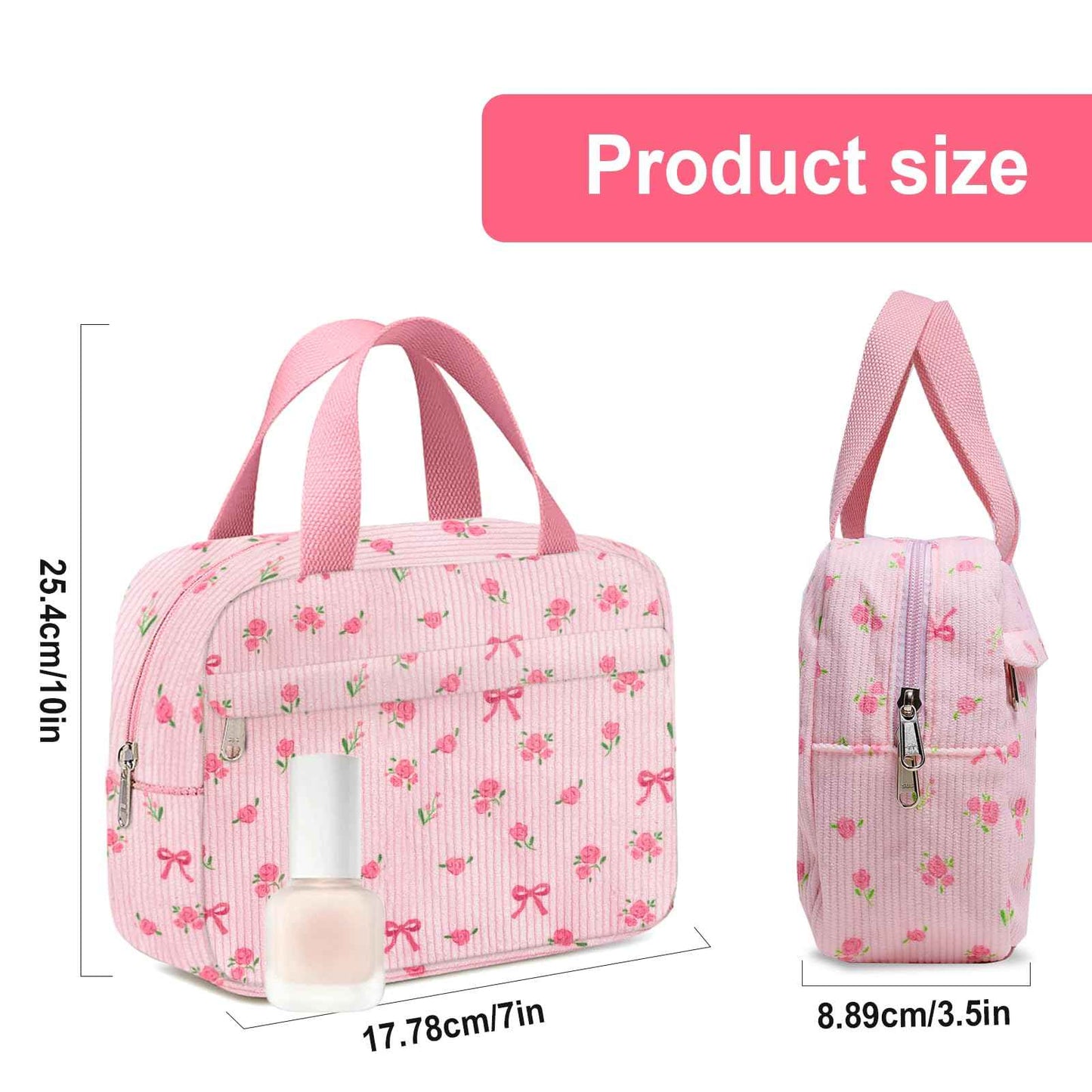 Chicarries Small Makeup Bag for Purse Cute Corduroy Cosmetic Pouch with Zipper Travel Toiletry Bag for Women(Flower bow pink)