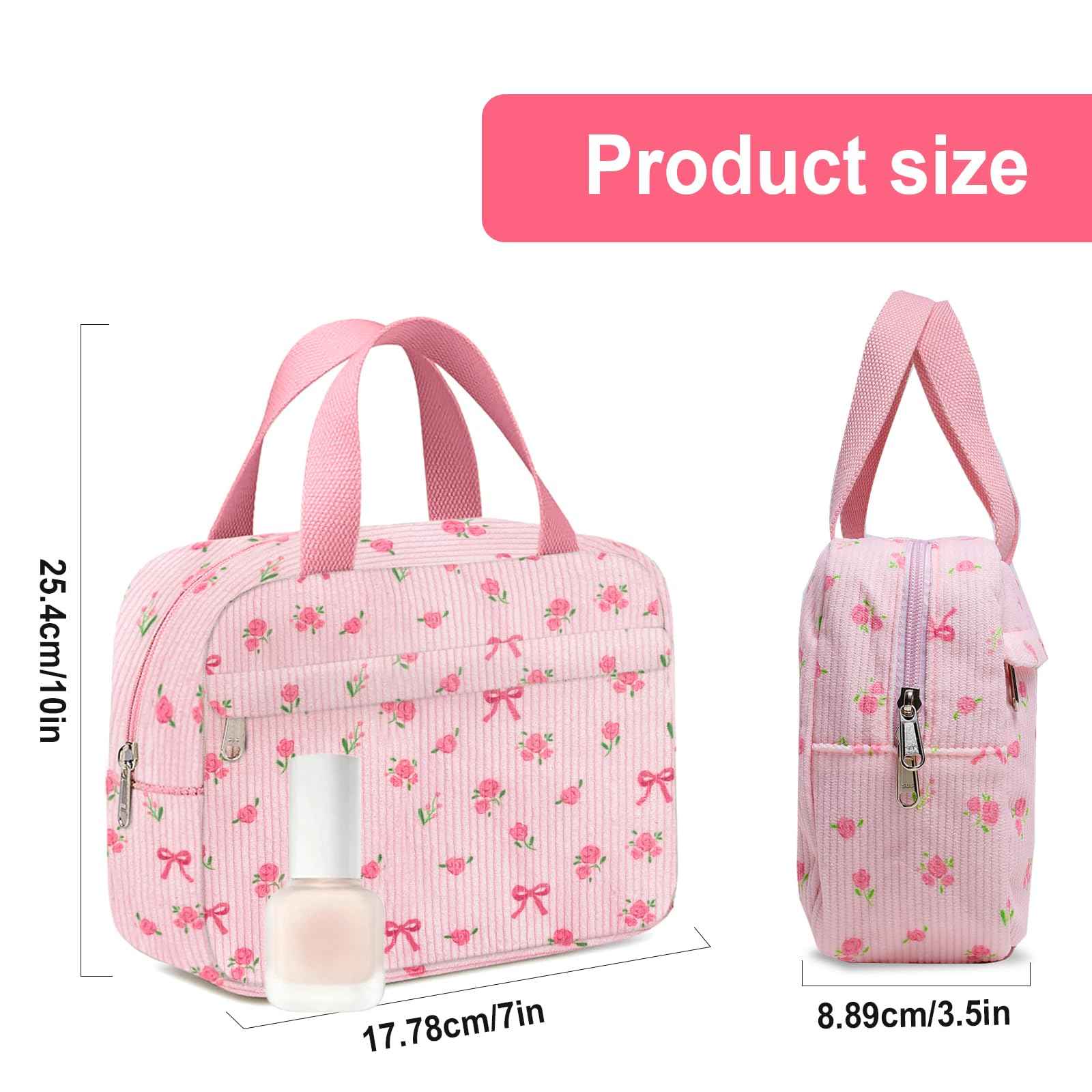 Chicarries Small Makeup Bag for Purse Cute Corduroy Cosmetic Pouch with Zipper Travel Toiletry Bag for Women(Flower bow pink)