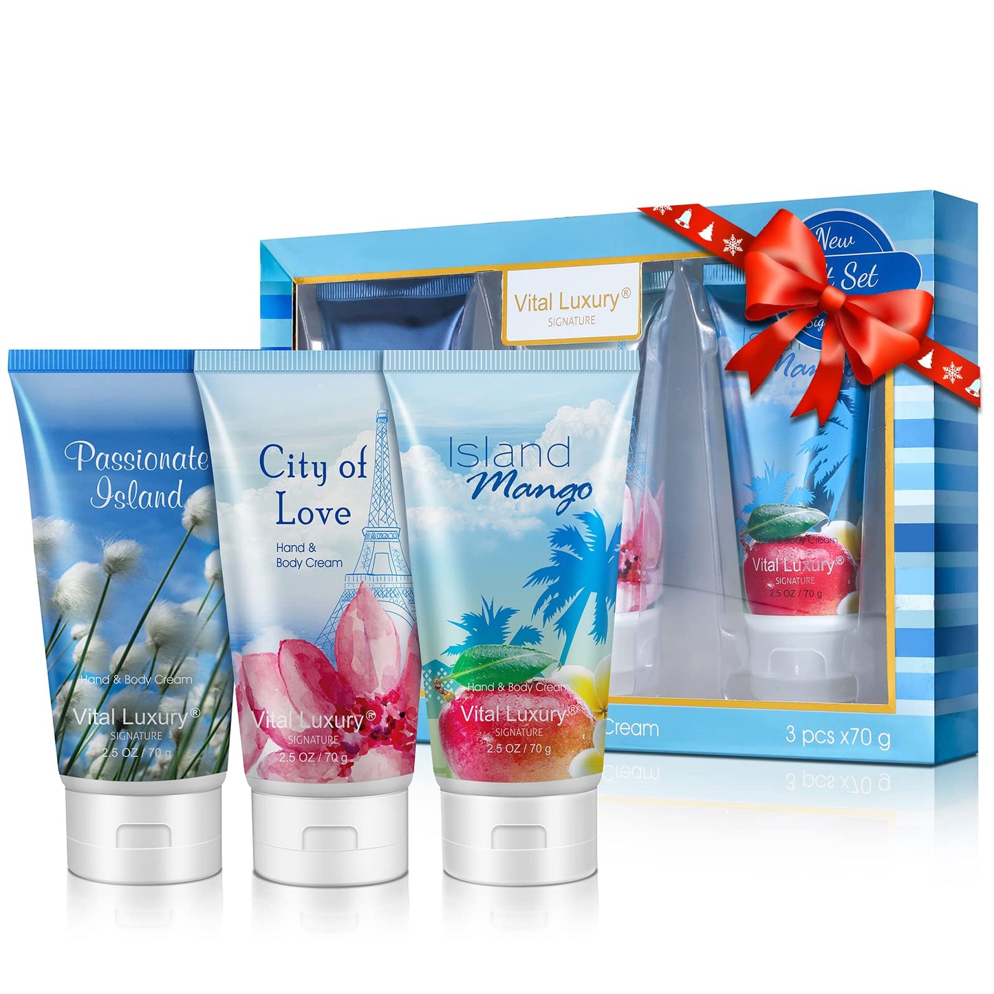 Vital Luxury Hand & Body Lotion Trio Gift Set – Natural Travel-Size Hand Cream Moisturizing Set for Long-Lasting Moisture for Rough Hands– 2.5 oz Each, Island Mango + City of Love + Passionate Island