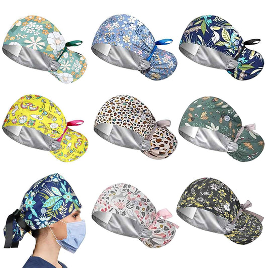 8Pcs Satin Lined Scrub Caps Women, Surgical Caps for Women, Adjustable Scrub Hats Womens Ponytail with Button and Sweatband, Nurse Cap for Unisex, Working Cap, Elastic Ponytail Pouch Tie Back