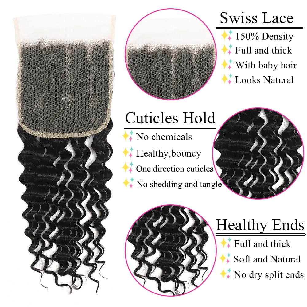 5x5 Closure Deep Wave Transparent HD Lace Closure 12A Brazilian Virgin Human Hair Closure Free Part Pre Plucked with Baby Hair Natural Color 12 Inch