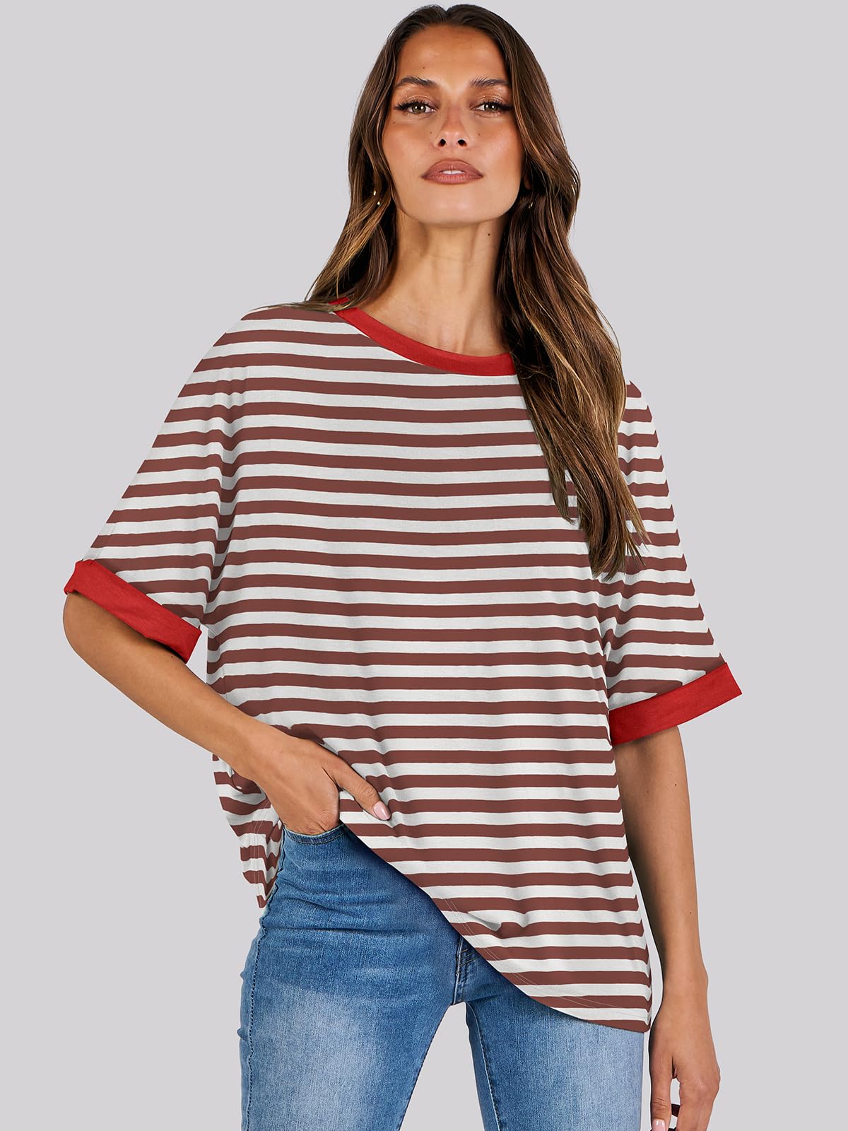 ANRABESS Women's Oversized T Shirts Striped Short Sleeve Crewneck Summer Tops Casual Loose Basic Tee Shirts 2024 Trendy Clothes Brown-White Small