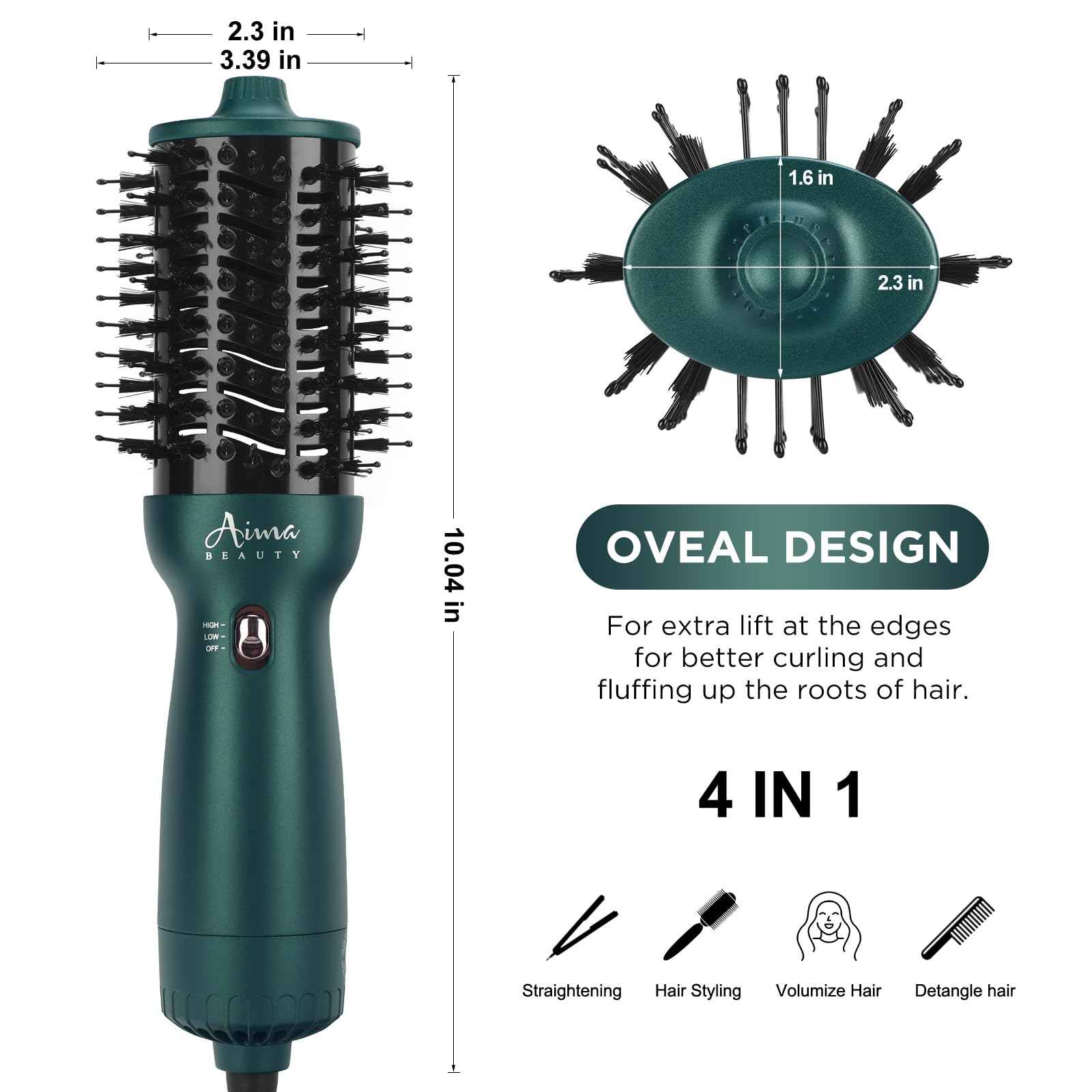 Aima Beauty Hair Dryer Brush Dual Voltage Worldwide Travel Blow Dryer Brush Hot Air Brush Oval Barrel 110-120V/220-240V 360°Airflow,Negative Ionic Frizz-Free Dry/Straightening/Voluming, Dark Green