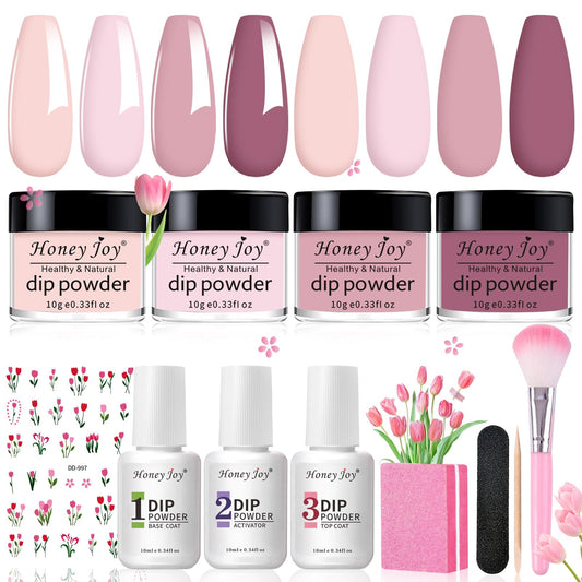 Honey Joy Dip Powder Nail Kit Starter, 4 Colors Light Pink Nude Skin Tone Dipping Powder Liquid Set with Base Top Coat Activator for Nail Art Manicure Salon DIY No LED Nail Lamp Needed, Dip-7pcs-05