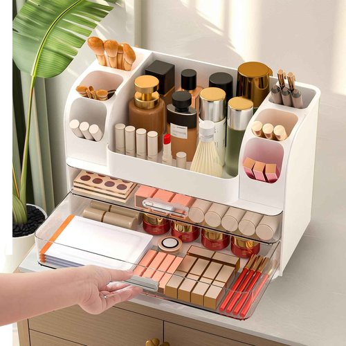 Ailleda Makeup Organizer Countertop with 2 Large Drawers, Vanity Organizer with Brush Holder, Skin Care Storage for Dresser, Perfume Organizer for Lotion, Lipsitck, Palette(White)