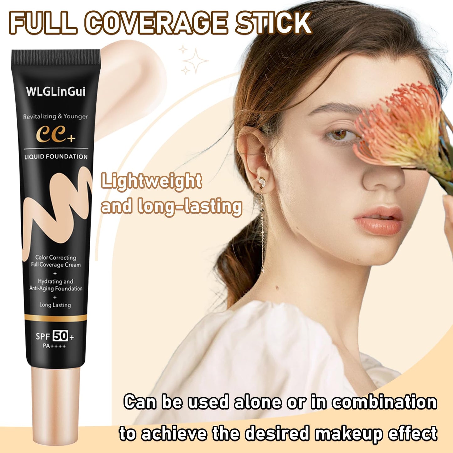 WLGLinGui Moisturizing BB Cream with SPF 50+ PA++++，Long Lasting Concealer CC Cream，Full Coverage Liquid Foundation Makeup,Hydrating Liquid Cream Under Eye Concealer（Ivory）