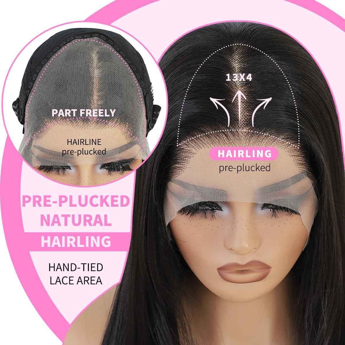 Synthetic Lace Front Wigs Pre Plucked 13x4 HD Lace Black Wigs For Women 26 Inch Long Layered Straight Wigs 100% Futura Premium Fiber Wig With Bangs Ready to Wear Beginner Friendly Daily Use